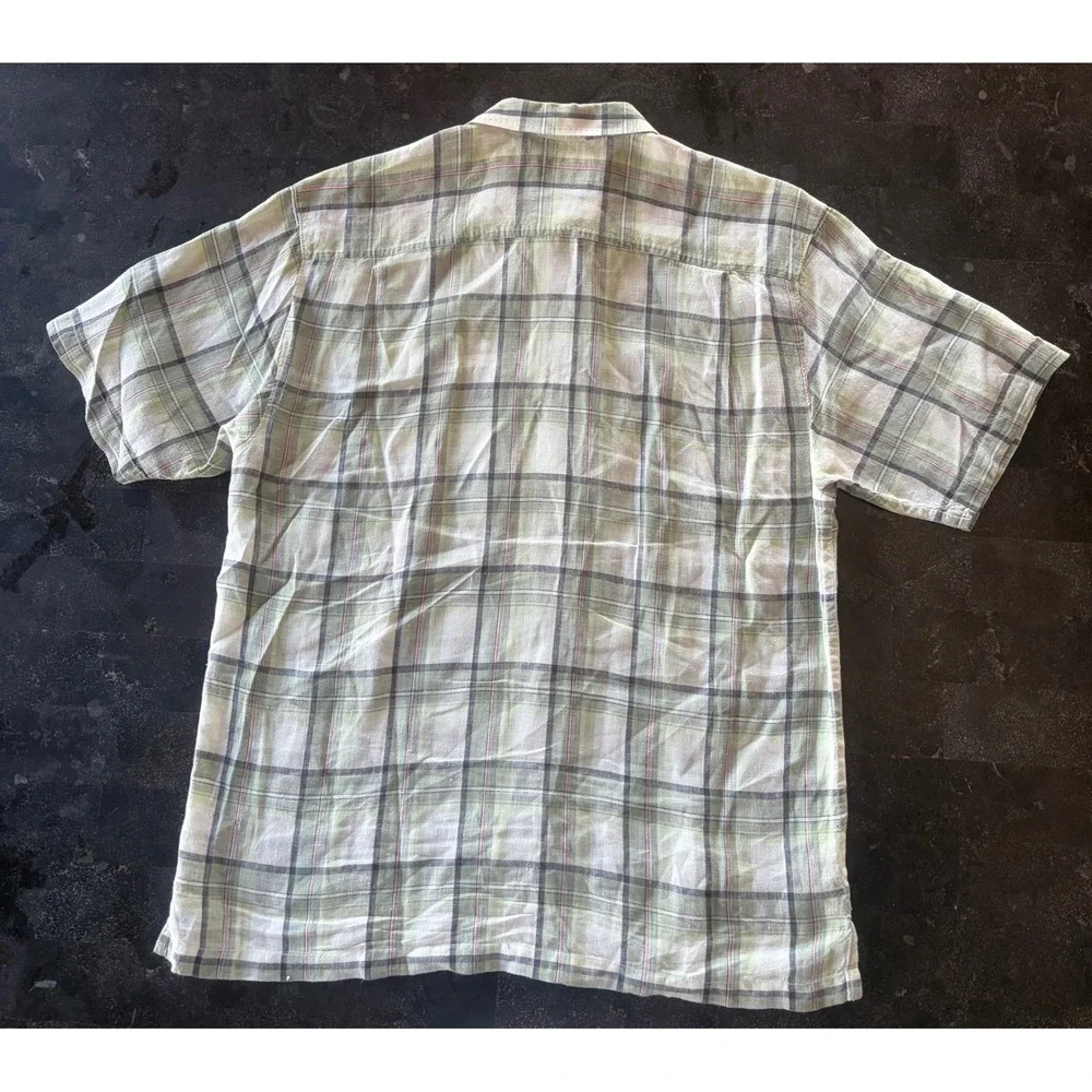 Tommy Bahama Men‎ L 100% Linen Plaid Short Sleeve Button Down Camp Shirt Green